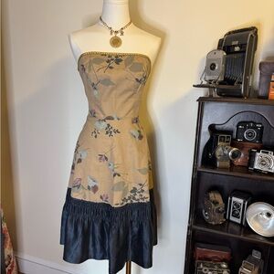 Anthropologie Floral Strapless Dress with navy silk ruffle